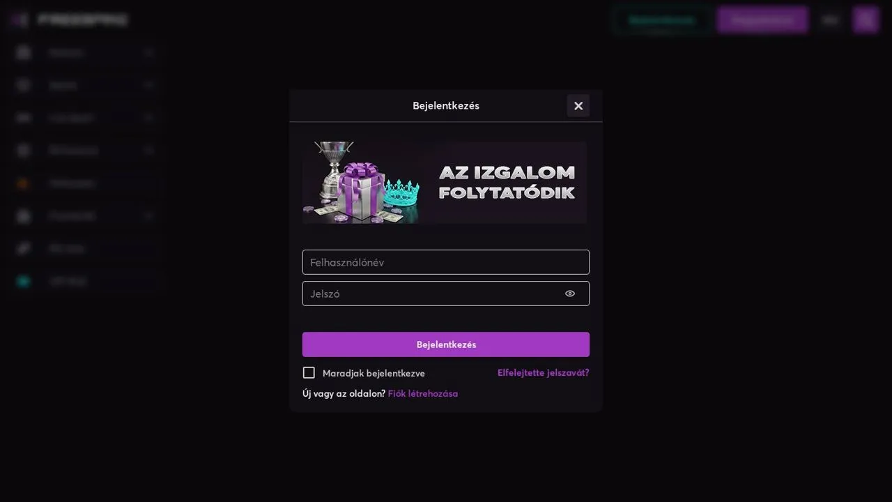 Freespinz bejelentkezési felugró ablak banner képpel, felhasználónév és jelszó mezőkkel, lila gombbal